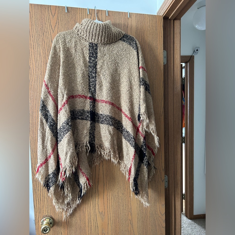 Cozy Plaid Turtleneck Poncho Sweater